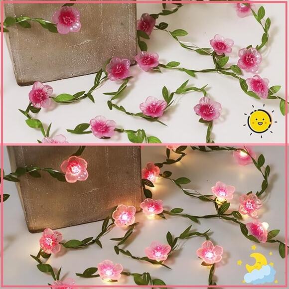 Cherry Blossom String Lights 30 LED Pink Flower Garland Fairy Lights Battery - Picture 1 of 9